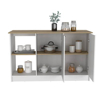 Juniper Kitchen Island, Four Open Shelves, Two Cabinets  -Light Oak / White