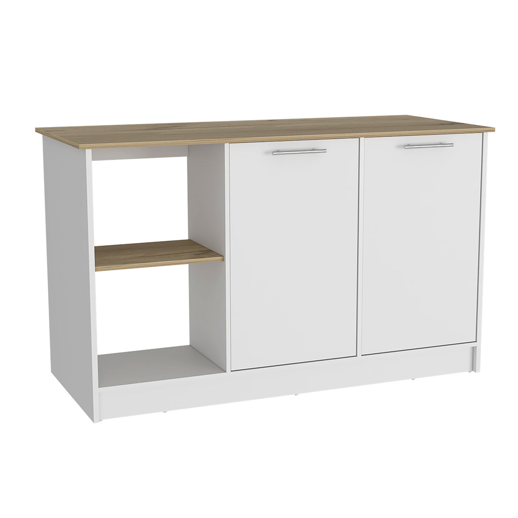 Juniper Kitchen Island, Four Open Shelves, Two Cabinets  -Light Oak / White