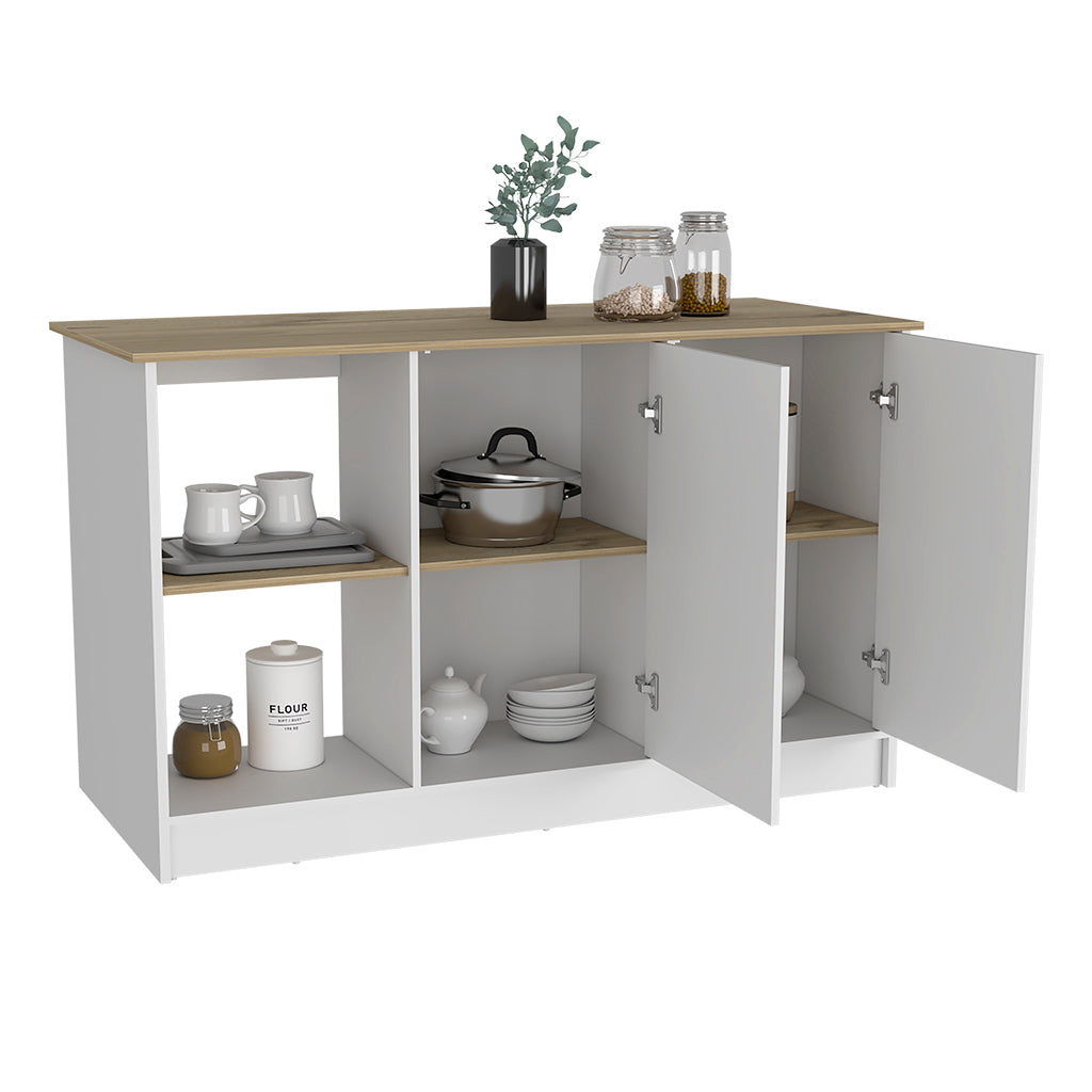 Juniper Kitchen Island, Four Open Shelves, Two Cabinets  -Light Oak / White