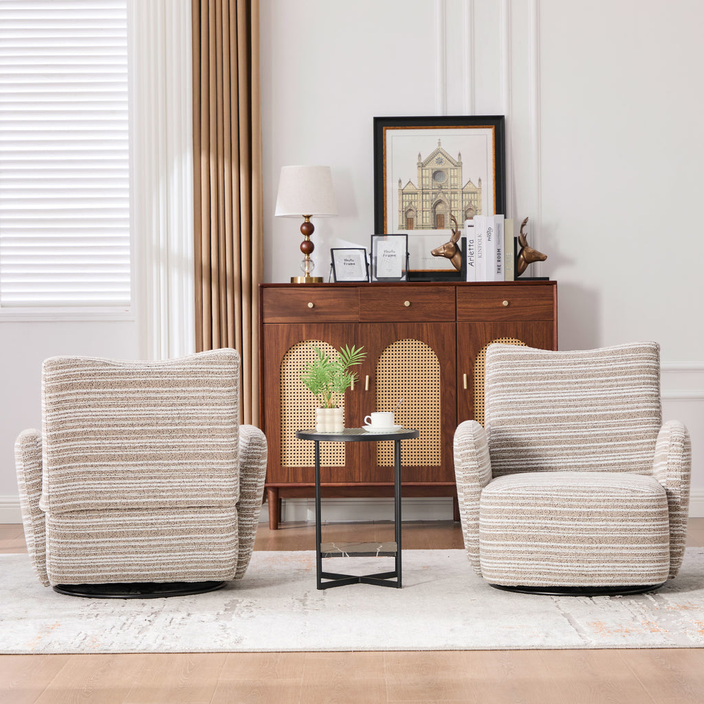 Modern Style 360° Swivel Leisure Chair Fabric Striped Armrest Swivel Chair with sand-rimmed fabric and metal bracket, suitable for living room, balcony and bedroom Accent Chair