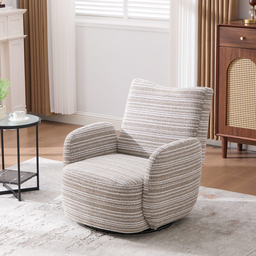 Modern Style 360° Swivel Leisure Chair Fabric Striped Armrest Swivel Chair with sand-rimmed fabric and metal bracket, suitable for living room, balcony and bedroom Accent Chair