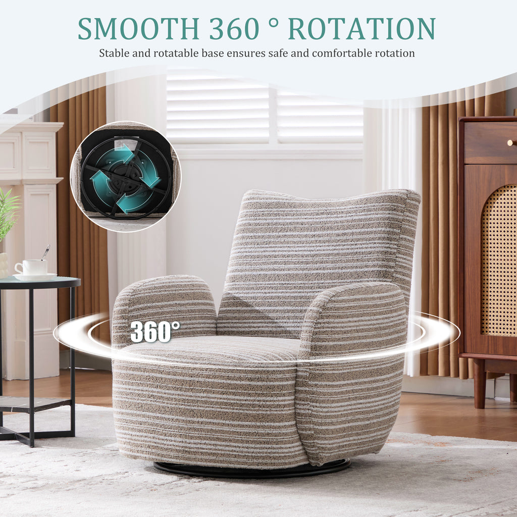 Modern Style 360° Swivel Leisure Chair Fabric Striped Armrest Swivel Chair with sand-rimmed fabric and metal bracket, suitable for living room, balcony and bedroom Accent Chair
