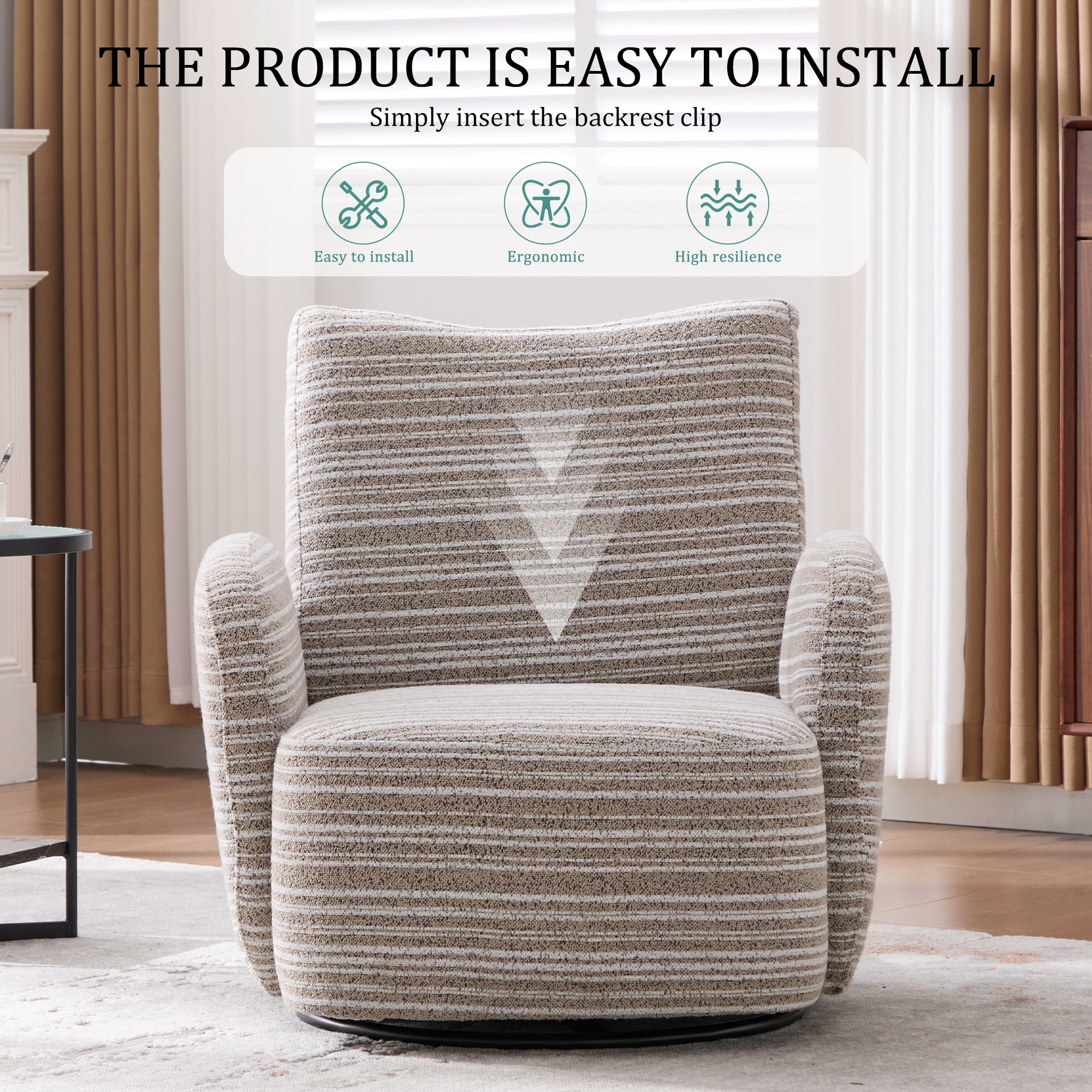 Modern Style 360° Swivel Leisure Chair Fabric Striped Armrest Swivel Chair with sand-rimmed fabric and metal bracket, suitable for living room, balcony and bedroom Accent Chair