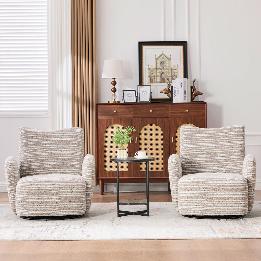 Modern Style 360° Swivel Leisure Chair Fabric Striped Armrest Swivel Chair with sand-rimmed fabric and metal bracket, suitable for living room, balcony and bedroom Accent Chair