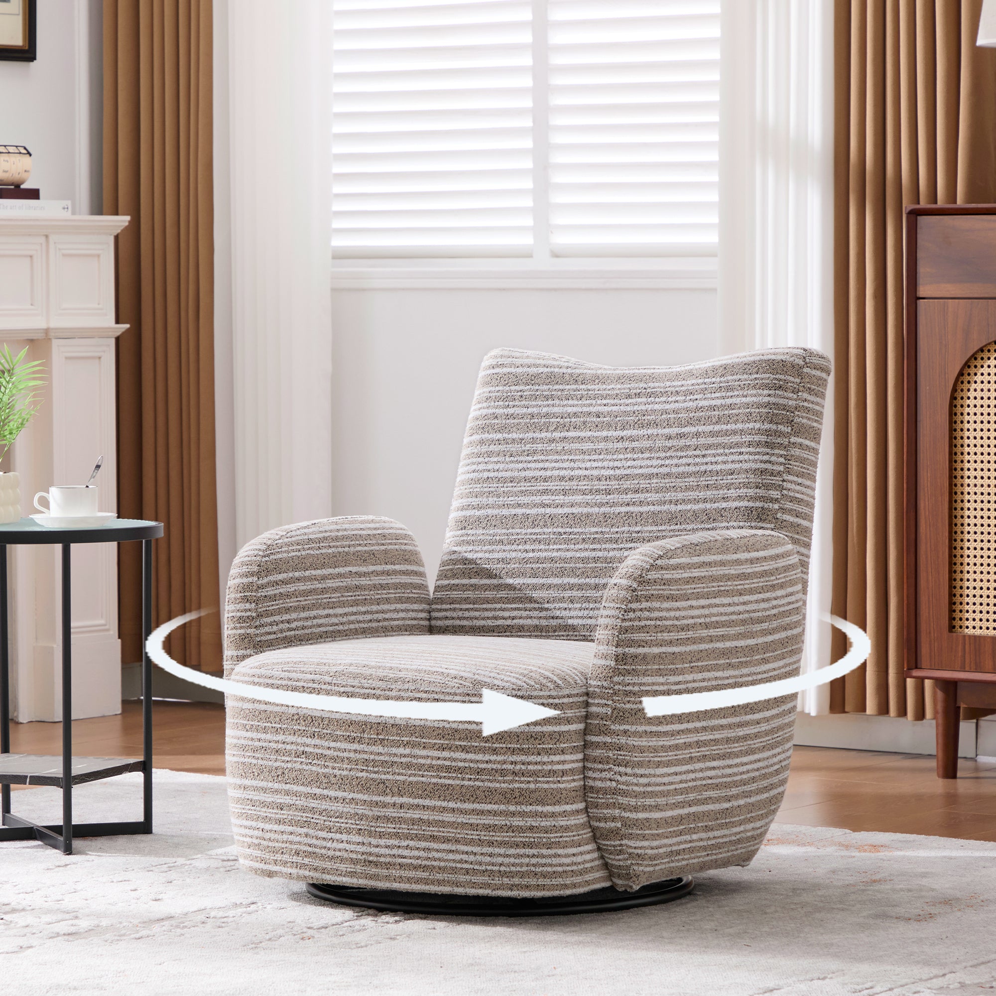 Modern Style 360° Swivel Leisure Chair Fabric Striped Armrest Swivel Chair with sand-rimmed fabric and metal bracket, suitable for living room, balcony and bedroom Accent Chair