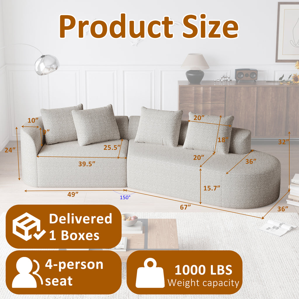 Modern Upholstered Oversized Sectional Sofa, 112-Inch Chenille 4-Seater Extra Deep & Wide Seat Curved Cloud Couch with 4 Throw Pillows, Free Combination Sofa Couch for Living Room,Bedroom