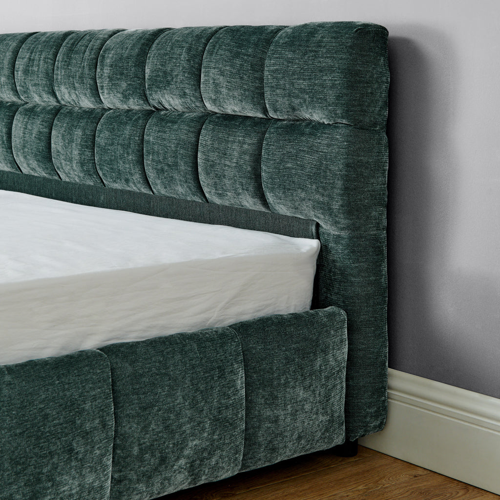 Modern King Size Upholstered Bed with Headboard and Storage Drawer in Chenille Fabric, Green