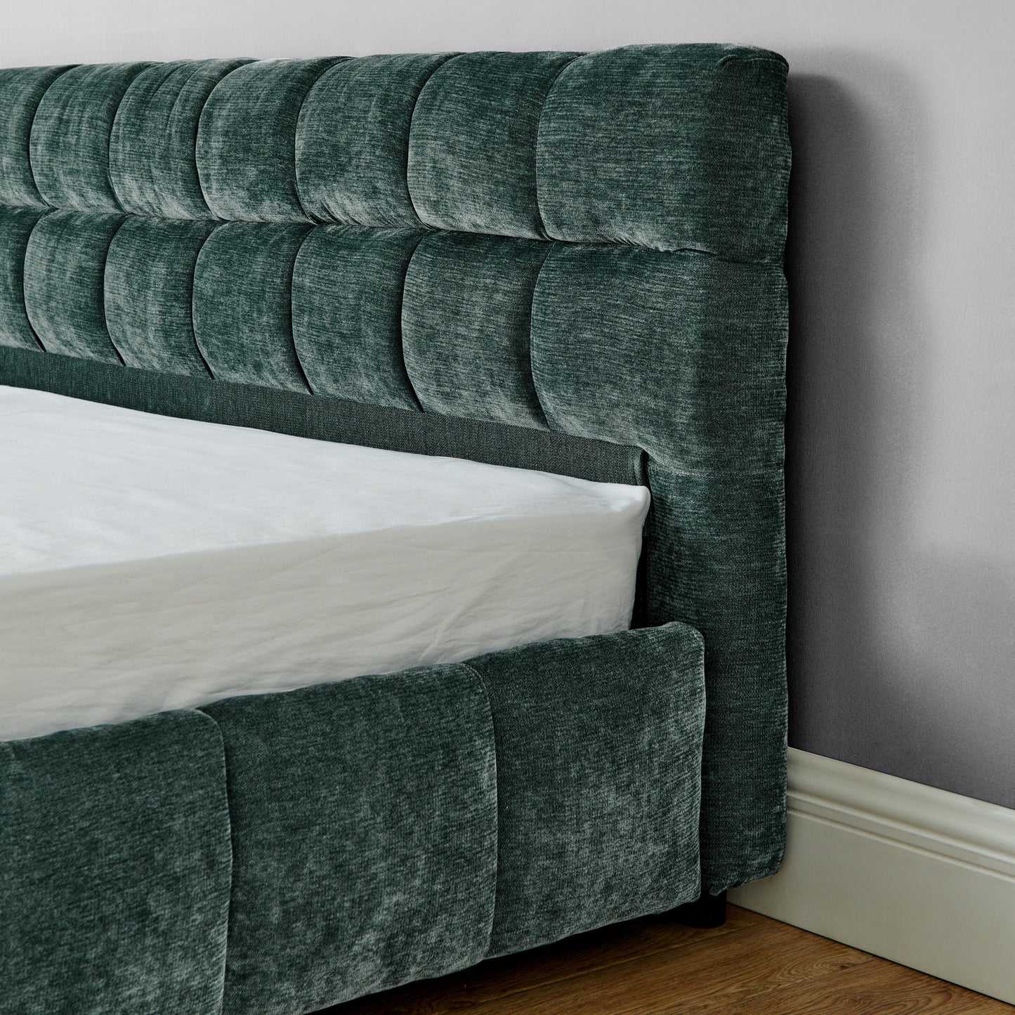 Modern King Size Upholstered Bed with Headboard and Storage Drawer in Chenille Fabric, Green
