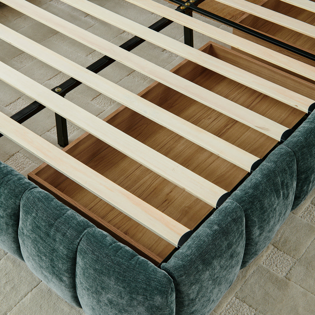 Modern King Size Upholstered Bed with Headboard and Storage Drawer in Chenille Fabric, Green