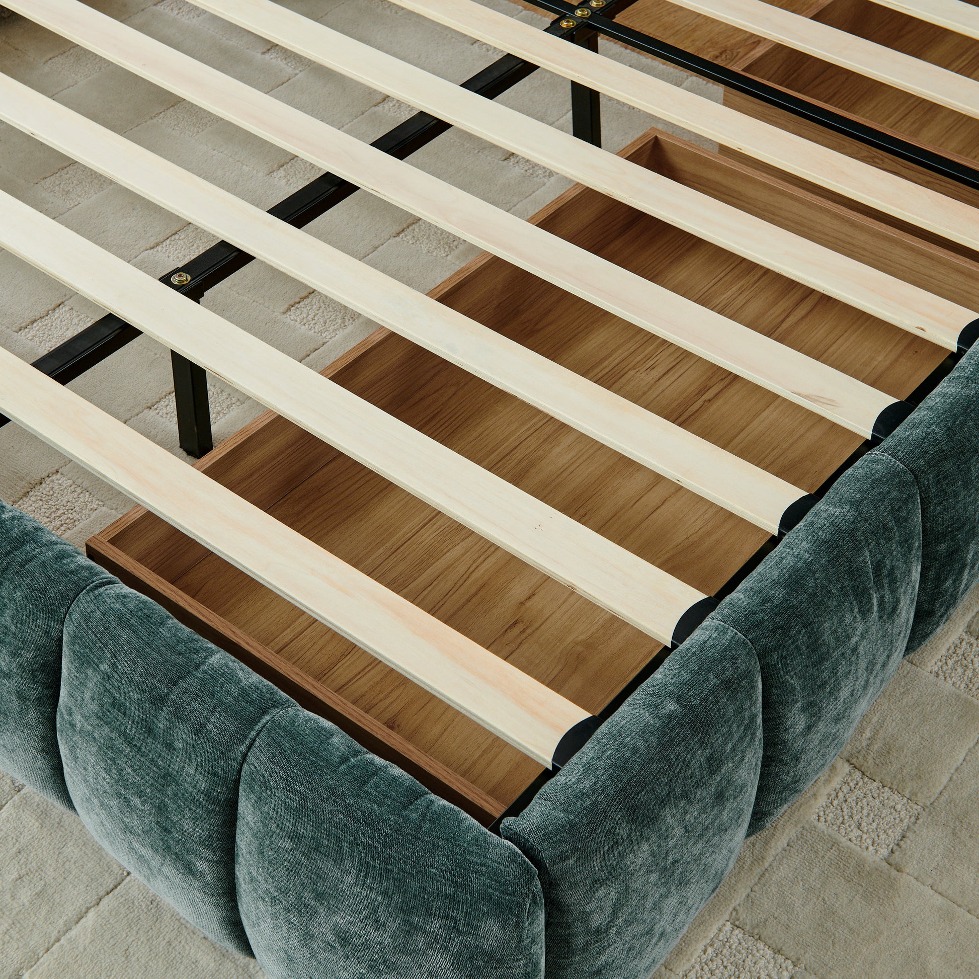 Modern King Size Upholstered Bed with Headboard and Storage Drawer in Chenille Fabric, Green