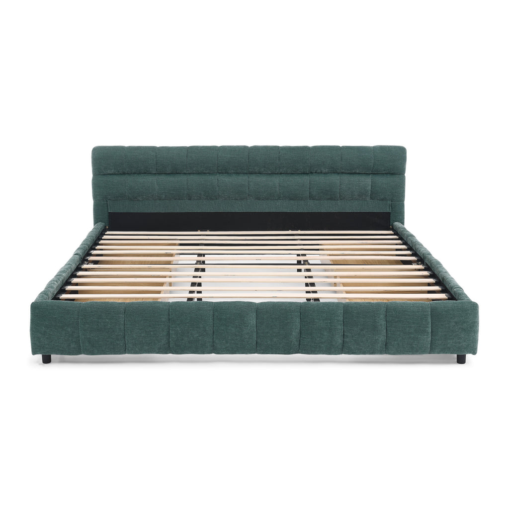 Modern King Size Upholstered Bed with Headboard and Storage Drawer in Chenille Fabric, Green