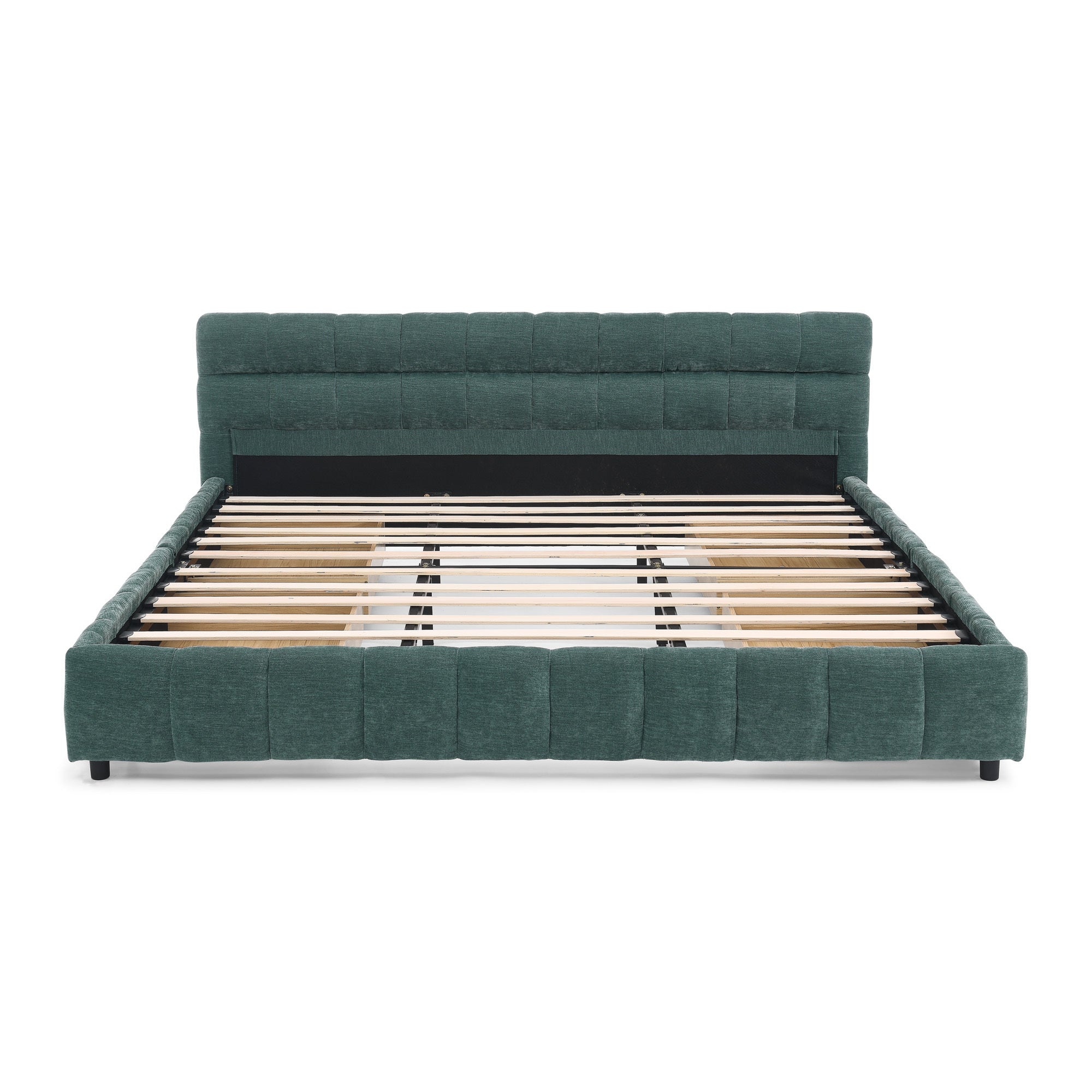 Modern King Size Upholstered Bed with Headboard and Storage Drawer in Chenille Fabric, Green