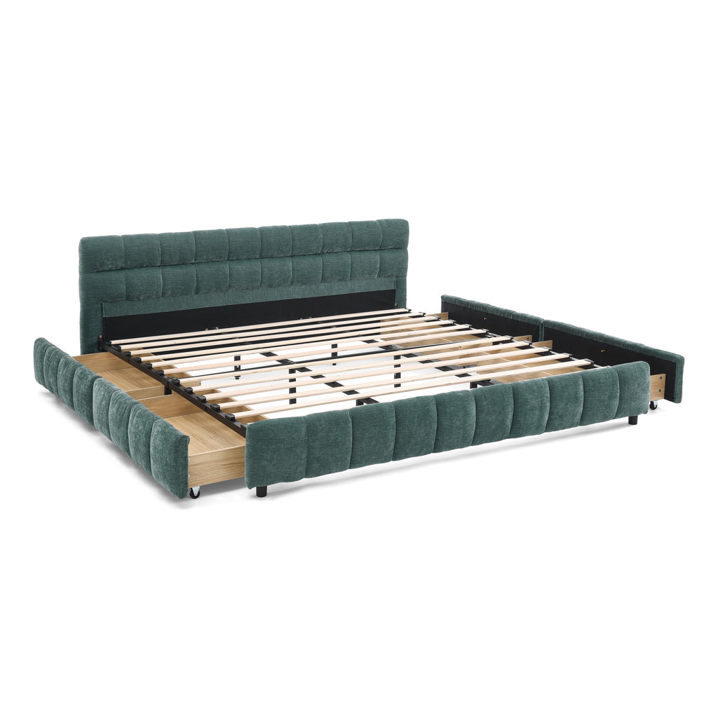 Modern King Size Upholstered Bed with Headboard and Storage Drawer in Chenille Fabric, Green