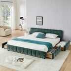 Modern King Size Upholstered Bed with Headboard and Storage Drawer in Chenille Fabric, Green