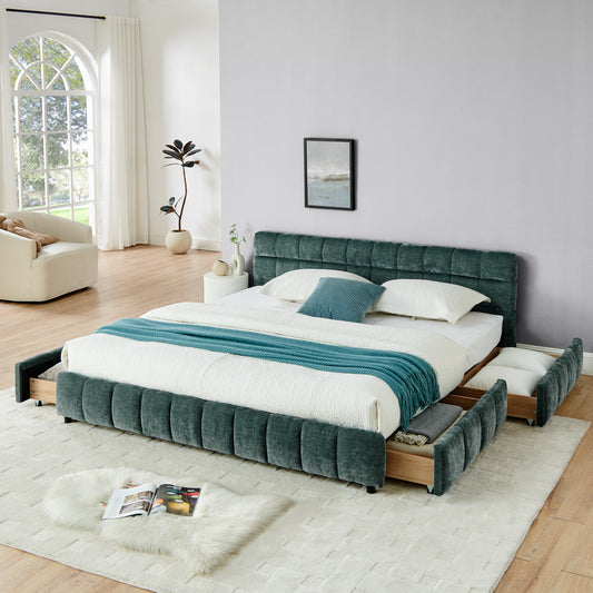 Modern King Size Upholstered Bed with Headboard and Storage Drawer in Chenille Fabric, Green