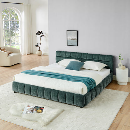 Modern King Size Upholstered Bed with Headboard and Storage Drawer in Chenille Fabric, Green