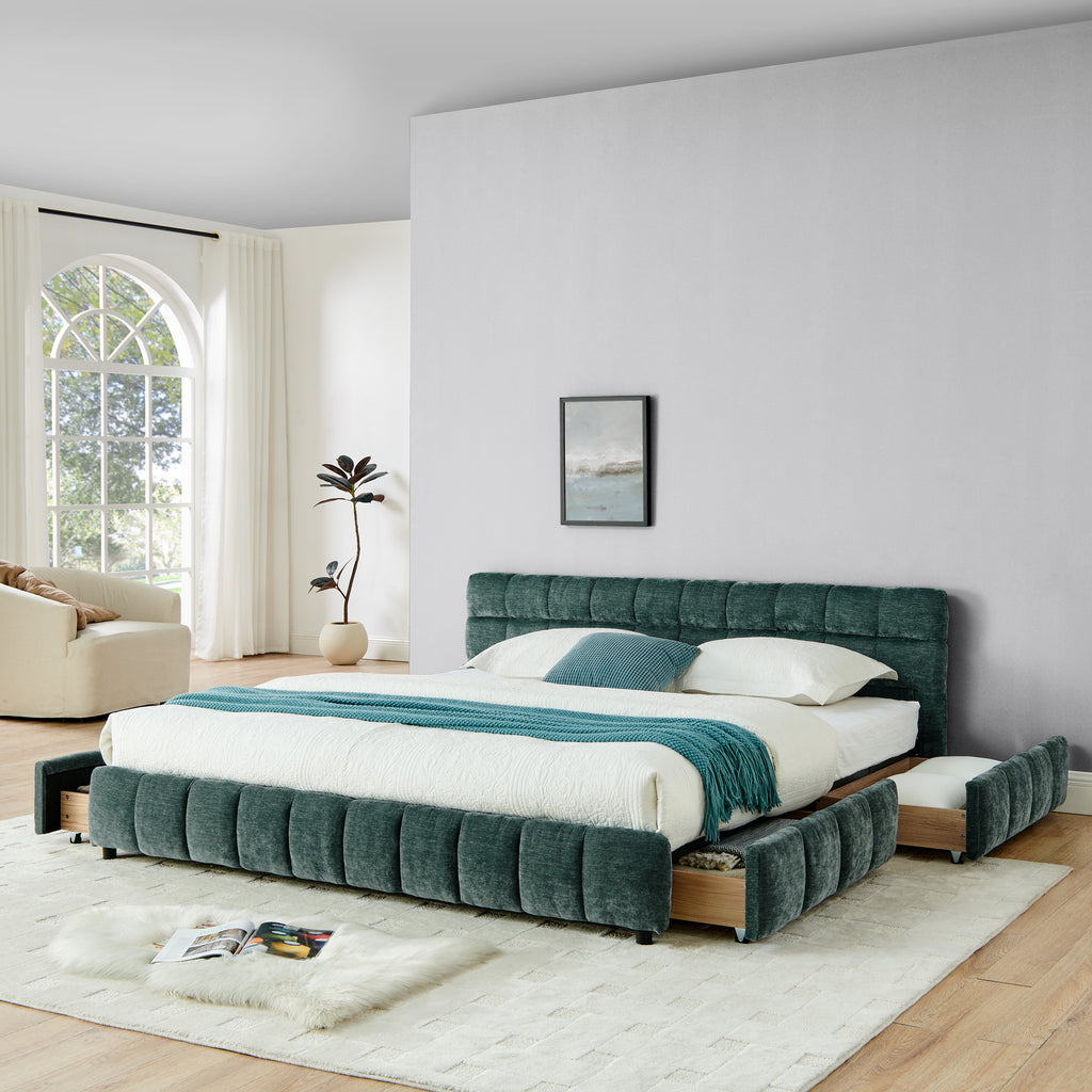 Modern King Size Upholstered Bed with Headboard and Storage Drawer in Chenille Fabric, Green