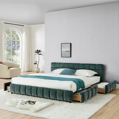 Modern King Size Upholstered Bed with Headboard and Storage Drawer in Chenille Fabric, Green