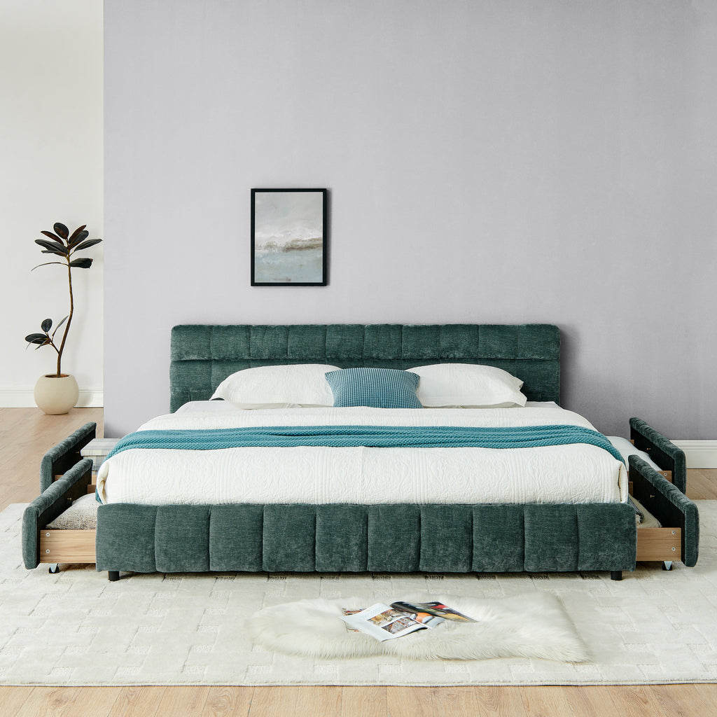 Modern King Size Upholstered Bed with Headboard and Storage Drawer in Chenille Fabric, Green