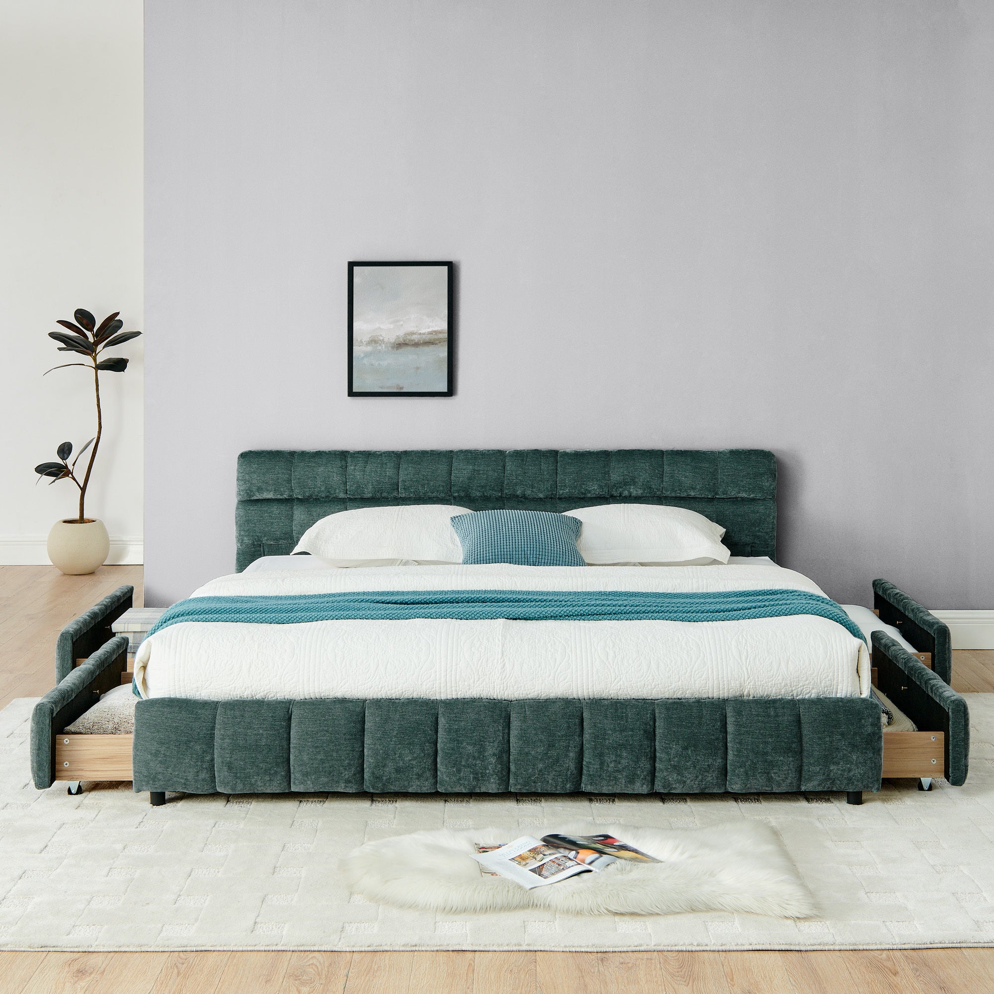 Modern King Size Upholstered Bed with Headboard and Storage Drawer in Chenille Fabric, Green