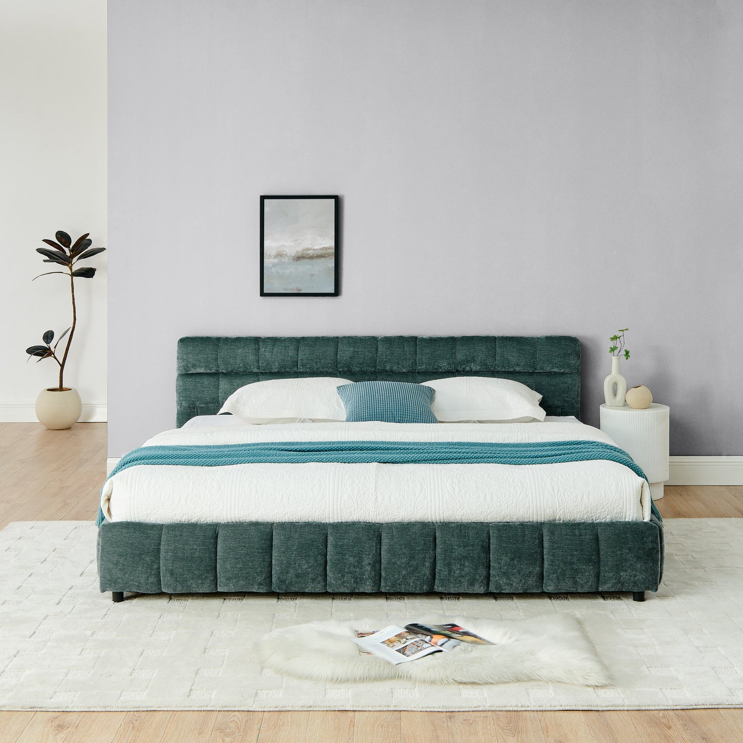 Modern King Size Upholstered Bed with Headboard and Storage Drawer in Chenille Fabric, Green