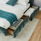 Modern King Size Upholstered Bed with Headboard and Storage Drawer in Chenille Fabric, Green