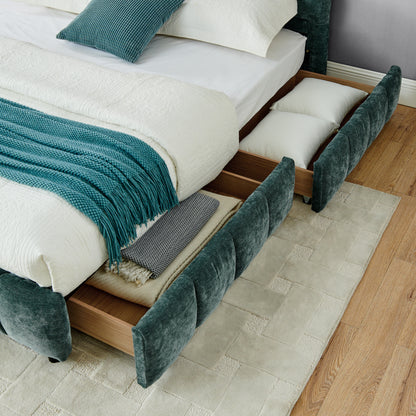Modern King Size Upholstered Bed with Headboard and Storage Drawer in Chenille Fabric, Green