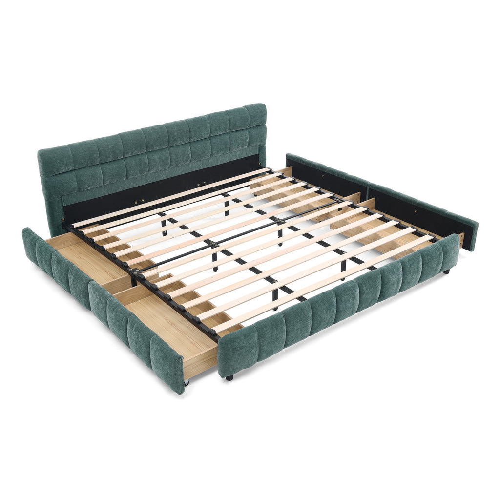 Modern King Size Upholstered Bed with Headboard and Storage Drawer in Chenille Fabric, Green