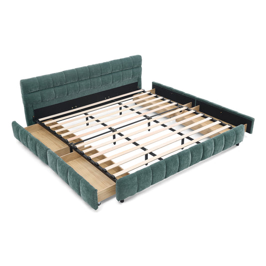 Modern King Size Upholstered Bed with Headboard and Storage Drawer in Chenille Fabric, Green