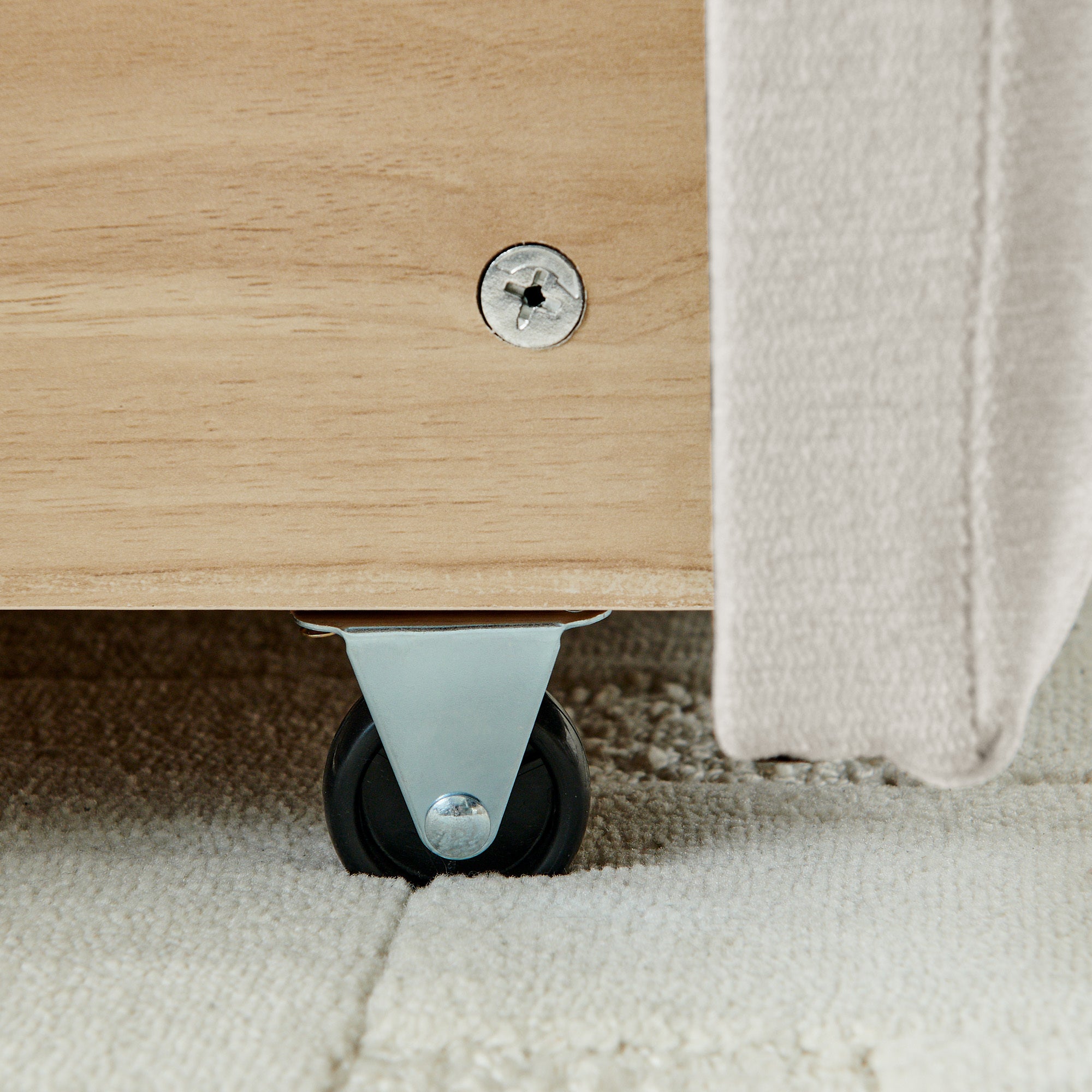 Modern King Size Upholstered Bed with Storage Drawer, Beige Chenille Fabric, Solid Frame