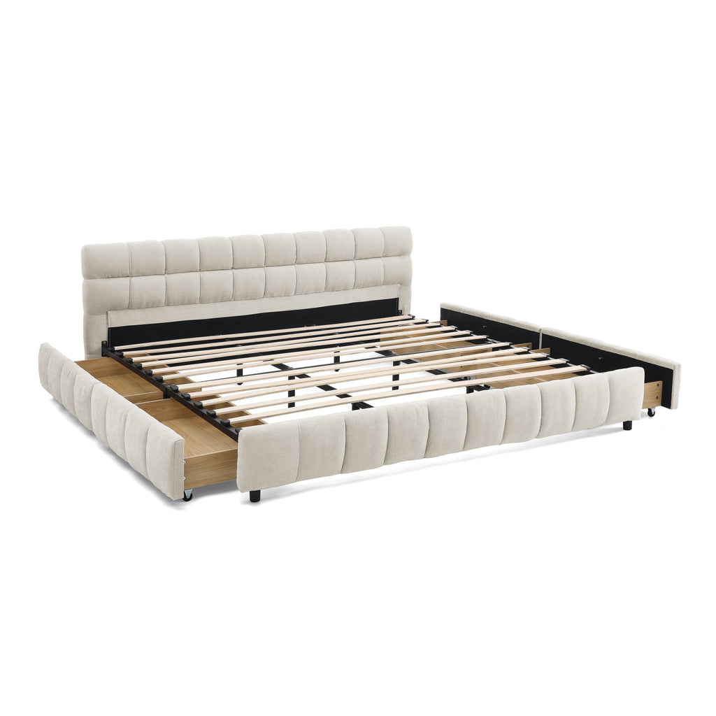 Modern King Size Upholstered Bed with Storage Drawer, Beige Chenille Fabric, Solid Frame