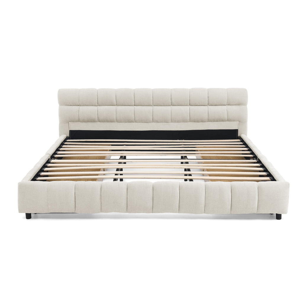 Modern King Size Upholstered Bed with Storage Drawer, Beige Chenille Fabric, Solid Frame