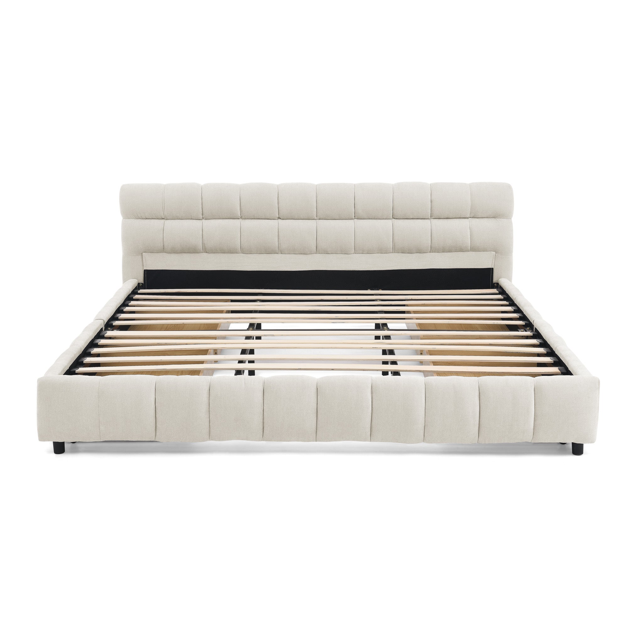 Modern King Size Upholstered Bed with Storage Drawer, Beige Chenille Fabric, Solid Frame