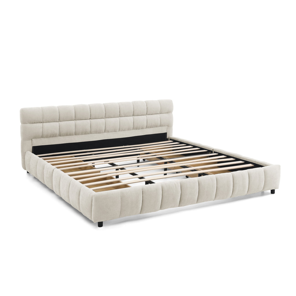 Modern King Size Upholstered Bed with Storage Drawer, Beige Chenille Fabric, Solid Frame