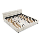 Modern King Size Upholstered Bed with Storage Drawer, Beige Chenille Fabric, Solid Frame