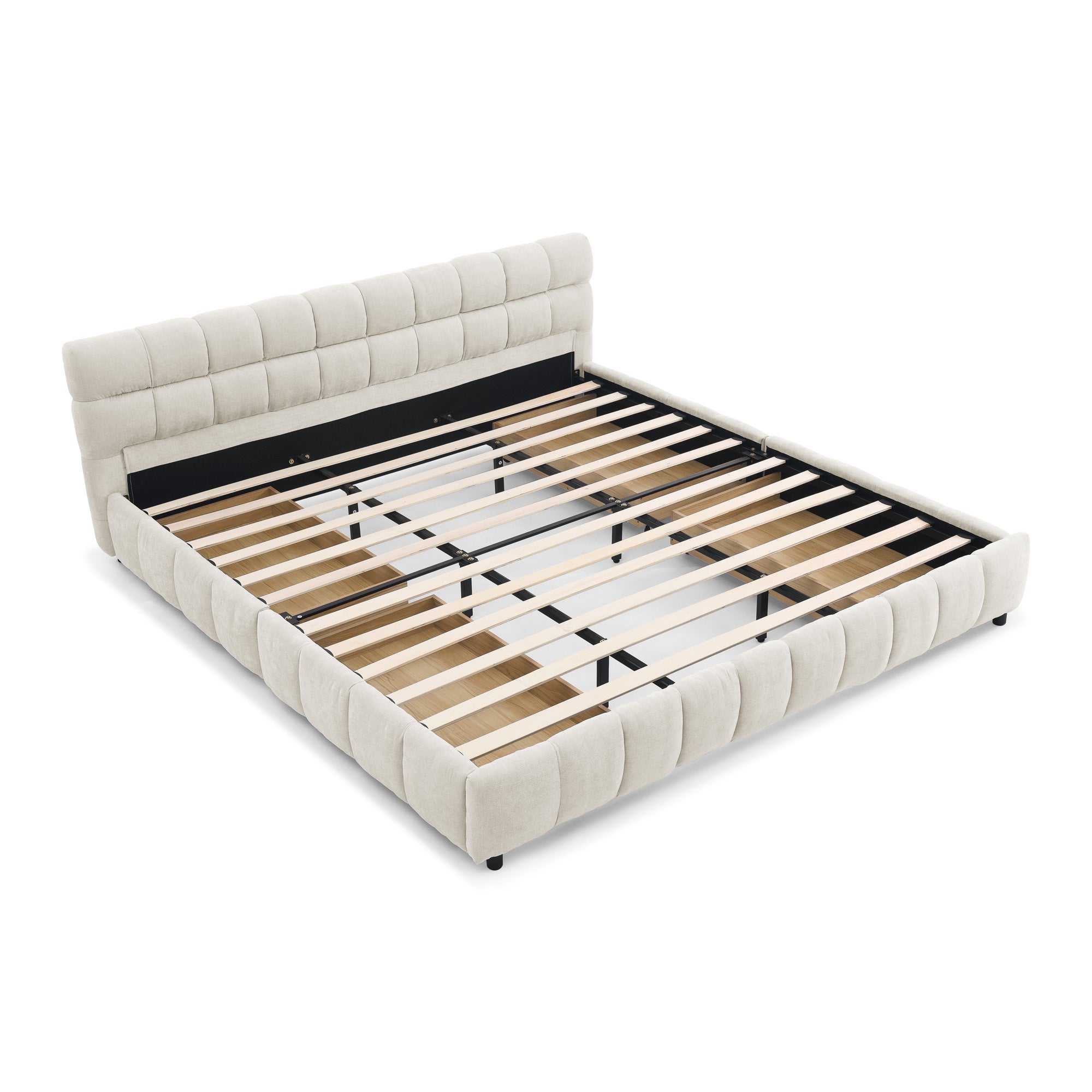 Modern King Size Upholstered Bed with Storage Drawer, Beige Chenille Fabric, Solid Frame