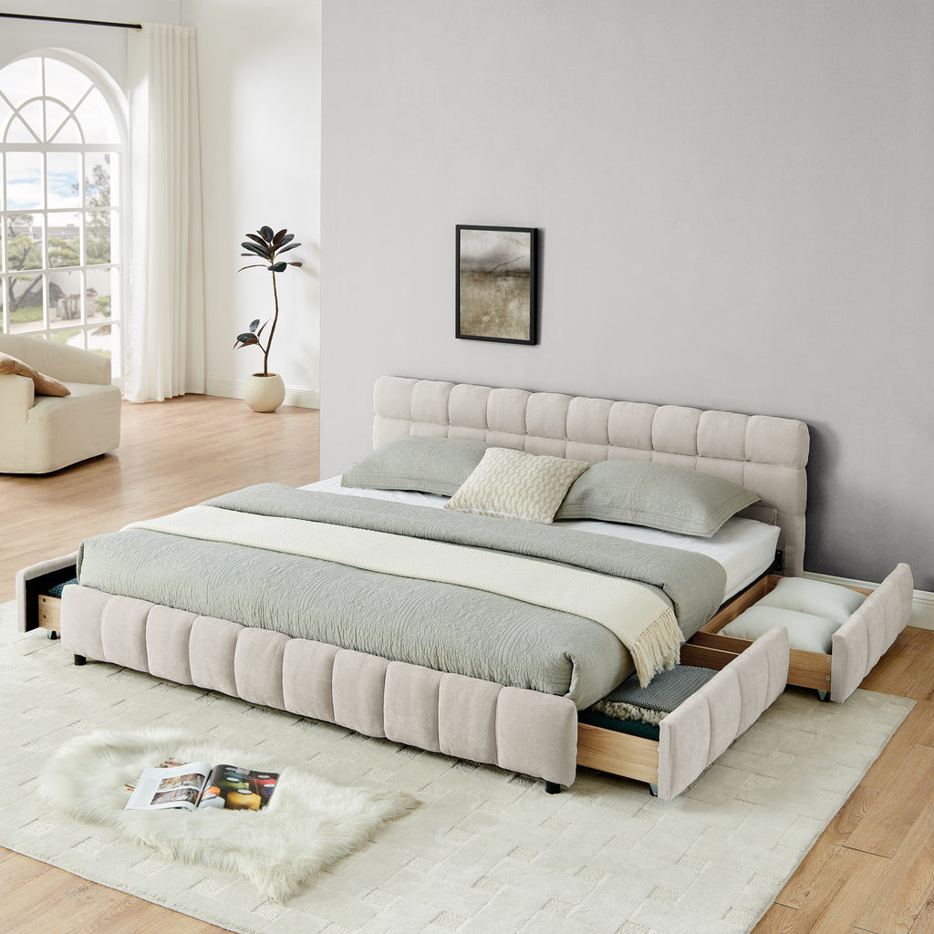 Modern King Size Upholstered Bed with Storage Drawer, Beige Chenille Fabric, Solid Frame