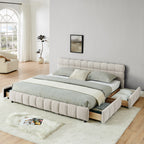 Modern King Size Upholstered Bed with Storage Drawer, Beige Chenille Fabric, Solid Frame