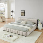 Modern King Size Upholstered Bed with Storage Drawer, Beige Chenille Fabric, Solid Frame