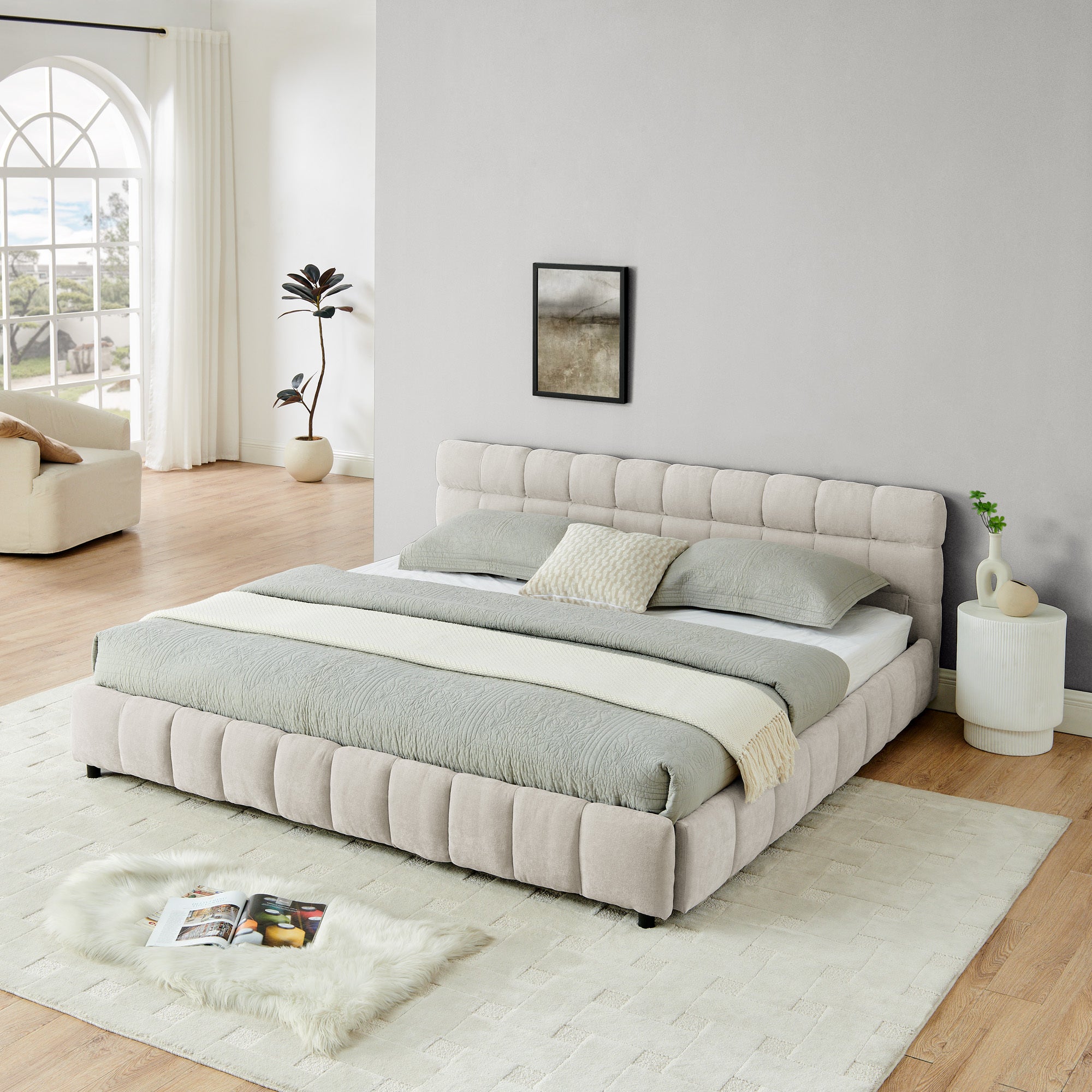 Modern King Size Upholstered Bed with Storage Drawer, Beige Chenille Fabric, Solid Frame