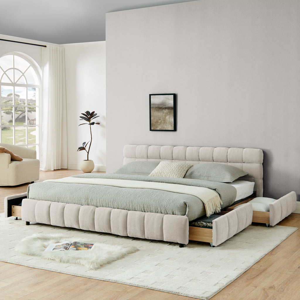Modern King Size Upholstered Bed with Storage Drawer, Beige Chenille Fabric, Solid Frame