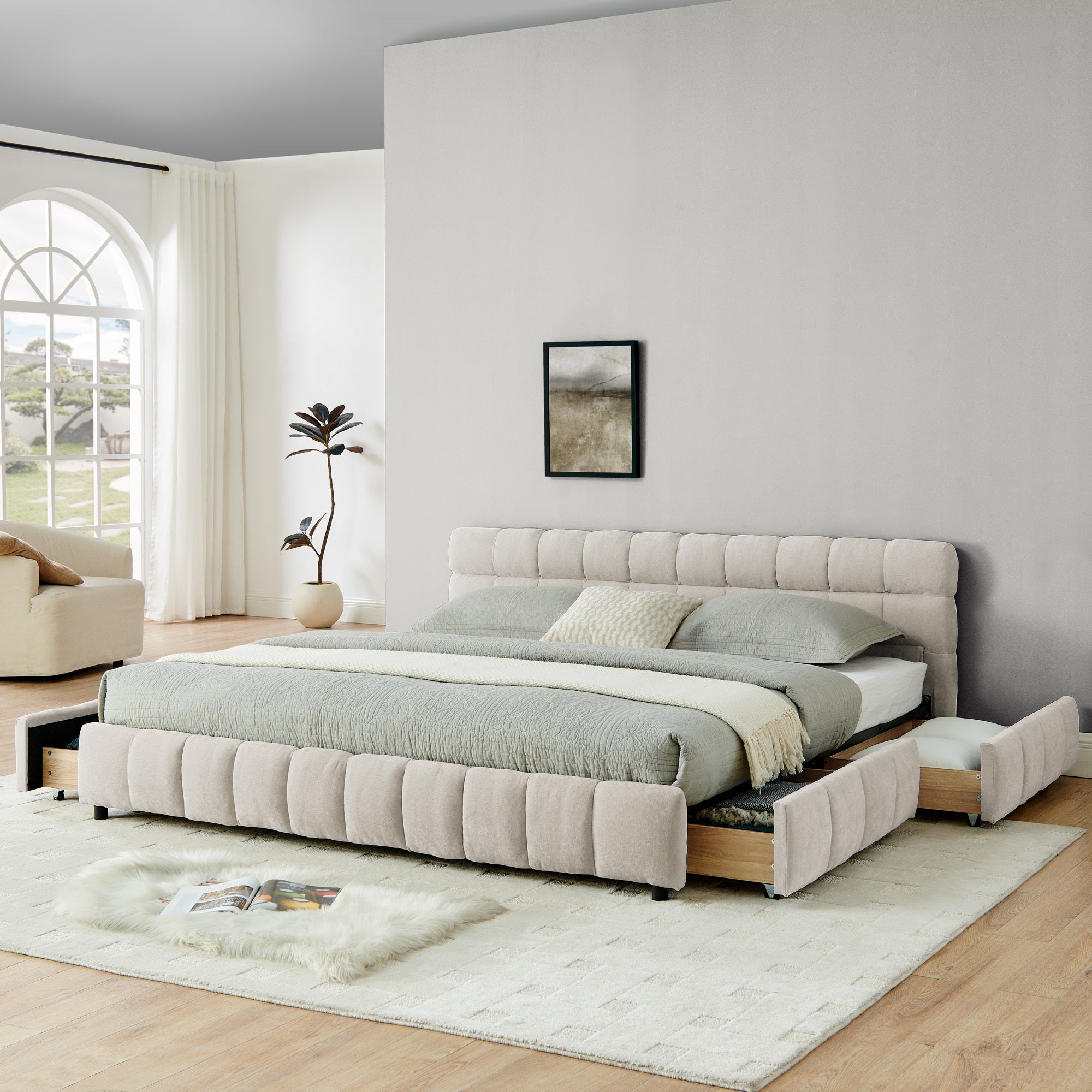 Modern King Size Upholstered Bed with Storage Drawer, Beige Chenille Fabric, Solid Frame