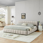 Modern King Size Upholstered Bed with Storage Drawer, Beige Chenille Fabric, Solid Frame