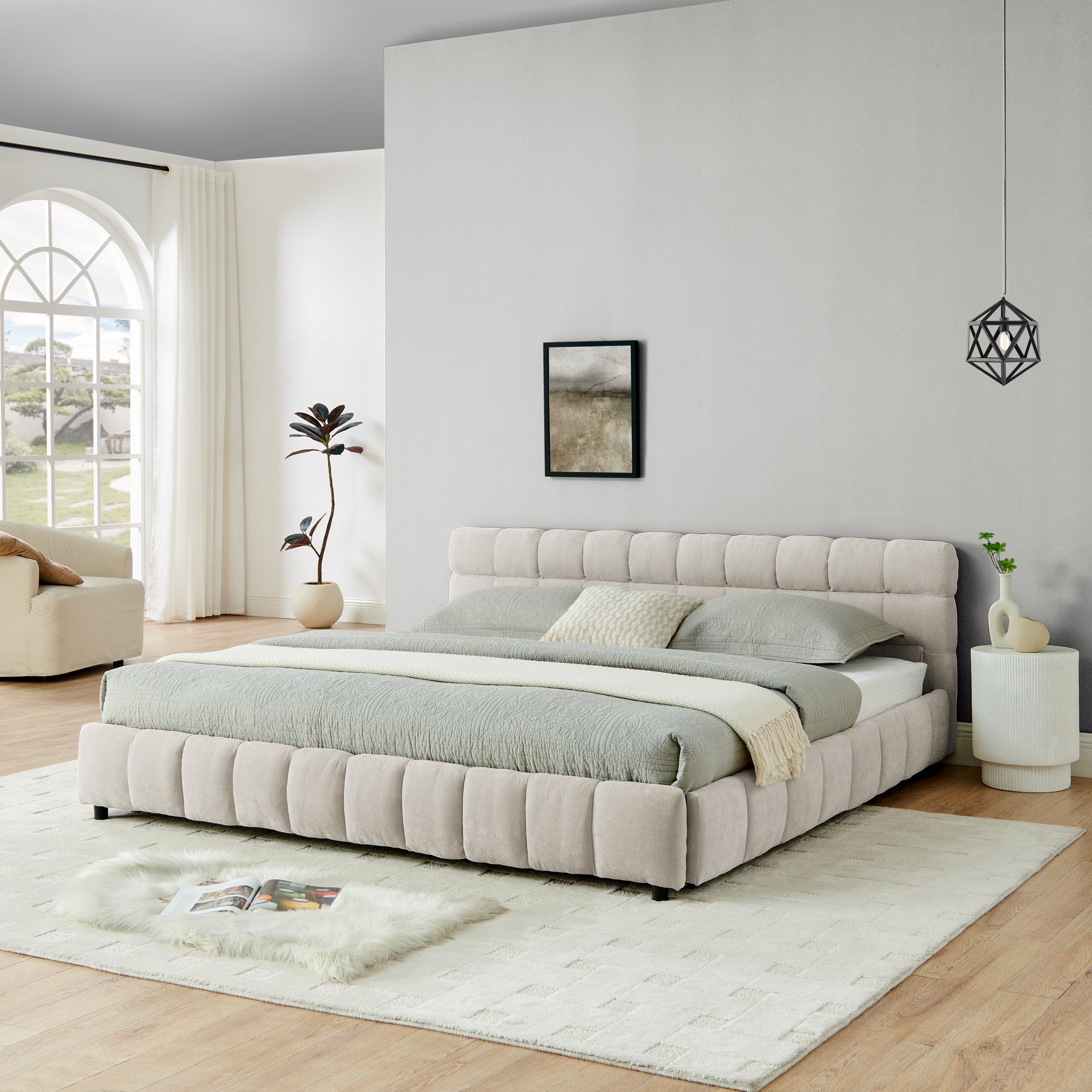 Modern King Size Upholstered Bed with Storage Drawer, Beige Chenille Fabric, Solid Frame