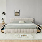Modern King Size Upholstered Bed with Storage Drawer, Beige Chenille Fabric, Solid Frame