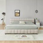 Modern King Size Upholstered Bed with Storage Drawer, Beige Chenille Fabric, Solid Frame
