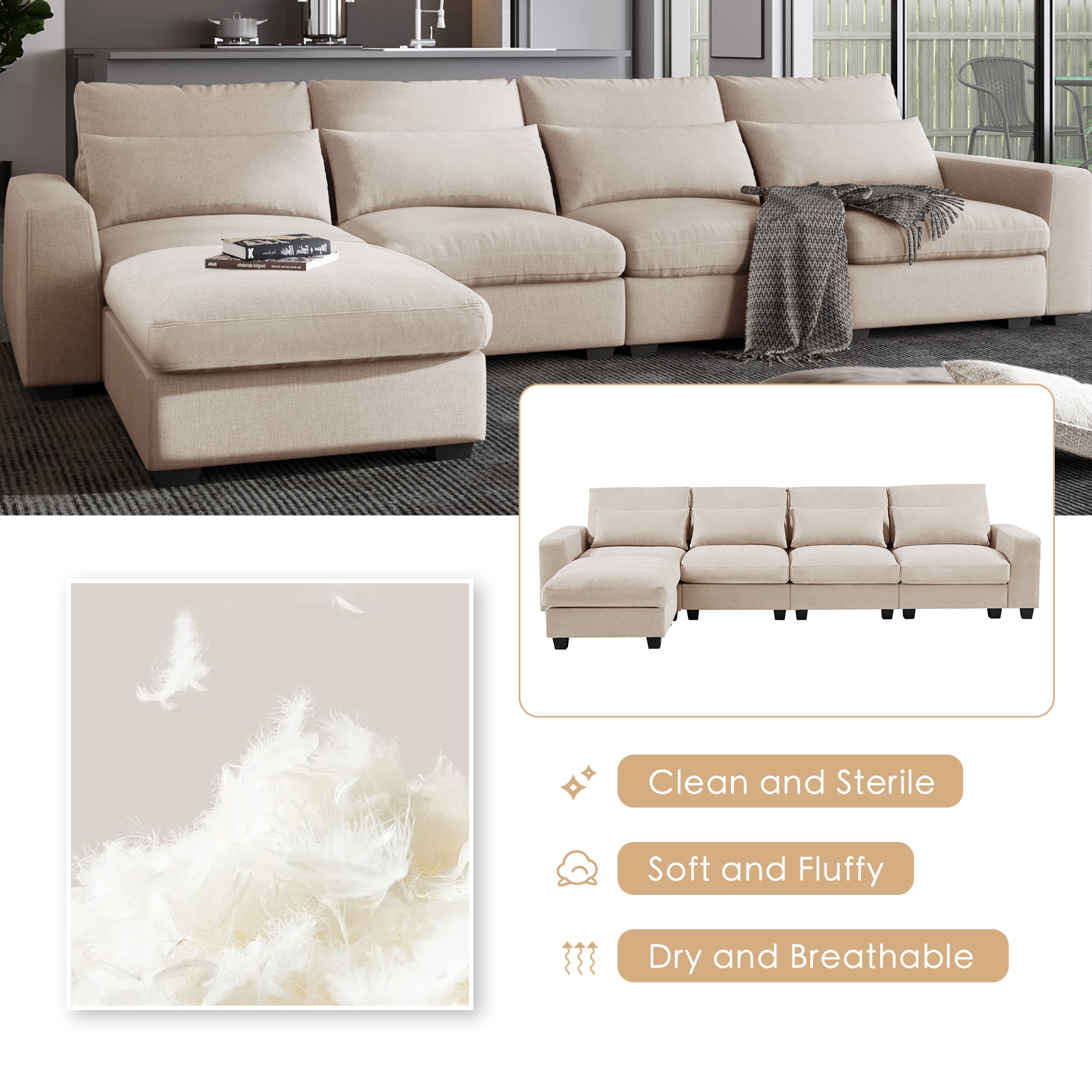 U_Style Modern Large L-Shape Feather Filled Sectional Sofa, Convertible Sofa Couch with Reversible Chaise for Living Room