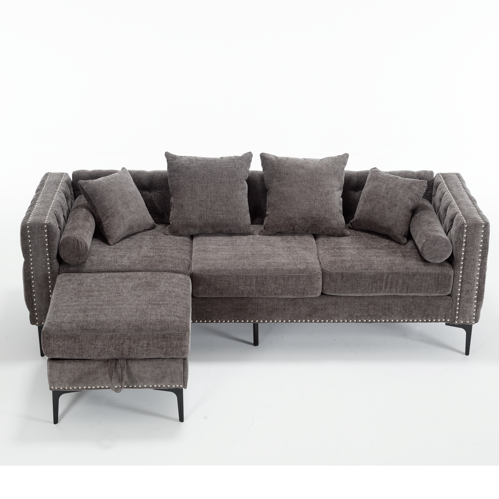 [NEW ARRIVED] [VIDEO PROVIDED]L Shaped Sectional Sofa , Convertible Storage Ottoman,Chenille ,Square Arm, Modern Tufted Couch ,3 Seater, And Nailhead, Dark gray - Groovy Boardz