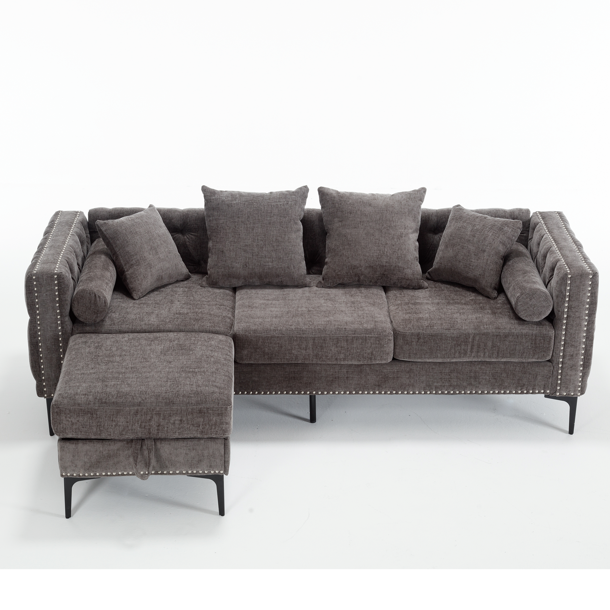 [NEW ARRIVED] [VIDEO PROVIDED]L Shaped Sectional Sofa , Convertible Storage Ottoman,Chenille ,Square Arm, Modern Tufted Couch ,3 Seater, And Nailhead, Dark gray - Groovy Boardz