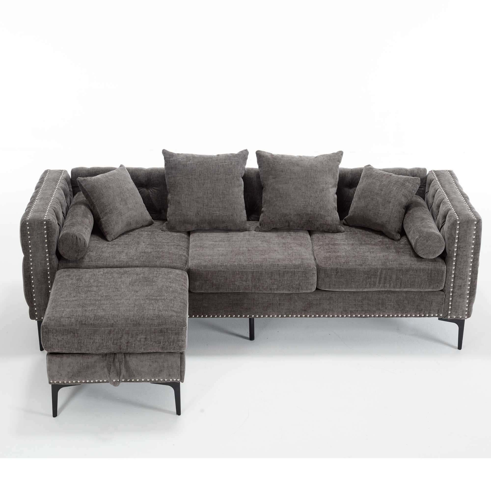 [NEW ARRIVED] [VIDEO PROVIDED]L Shaped Sectional Sofa , Convertible Storage Ottoman,Chenille ,Square Arm, Modern Tufted Couch ,3 Seater, And Nailhead, Dark gray - Groovy Boardz